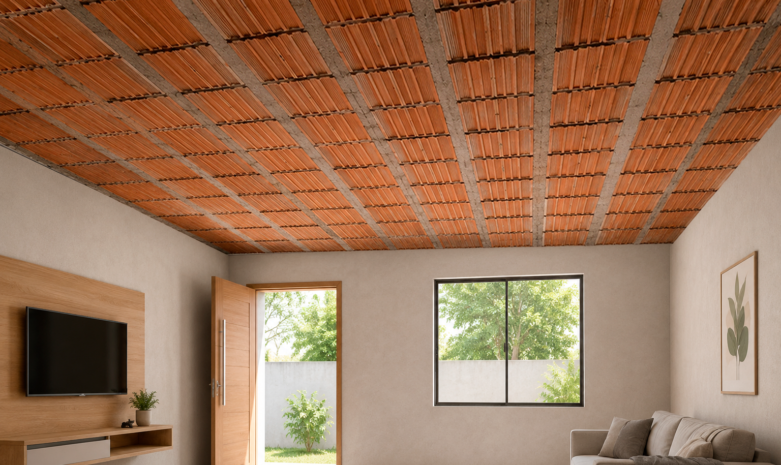 Sala simples com teto no tijolo antes da instalação do forro IsoFácil